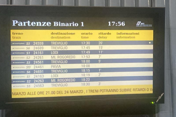 Foto del Comitato Pendolari,  pannello di partenze dei treni nella stazione di Bovisa