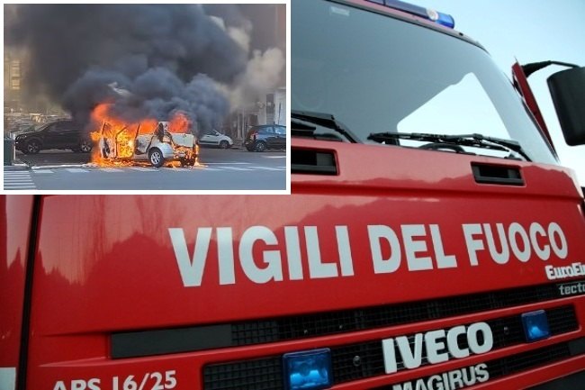 Nel riquadro l'auto mentre va a fuoco