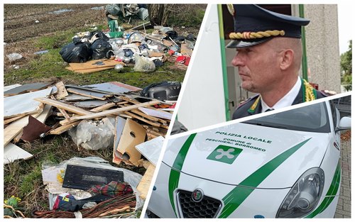 A sinistra i rifiuti abbandonati, a destra Danilo Cilano Comandante della Polizia Locale di Peschiera Borormeo