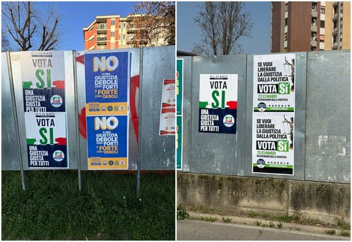 A ìinistra i cartelli coperti dallapropagnada del NO, a destra come dovrebbero essere