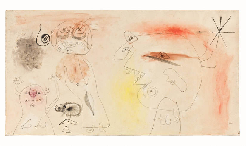 Joan Miró Donne, uccello, stelle , 1942
Matita, matita morbida, pastello,
inchiostro di china e acquerello su carta,
cm 42,5 x 79 , Collezione privata
© Successió Miró by SIAE 2016 