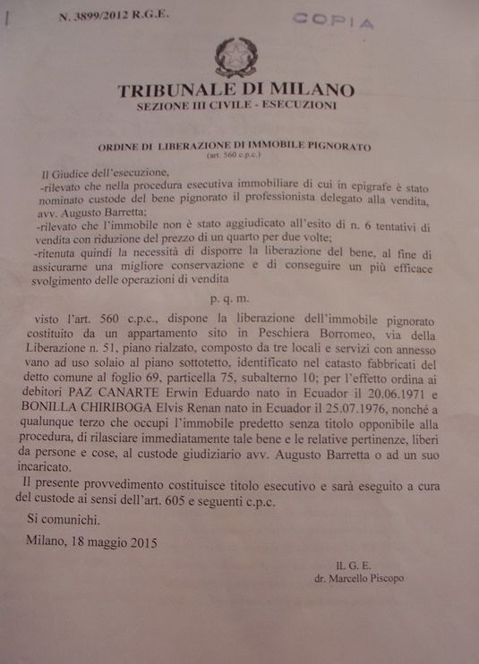 L'ordine di sgombero del Tribunale di Milano 
