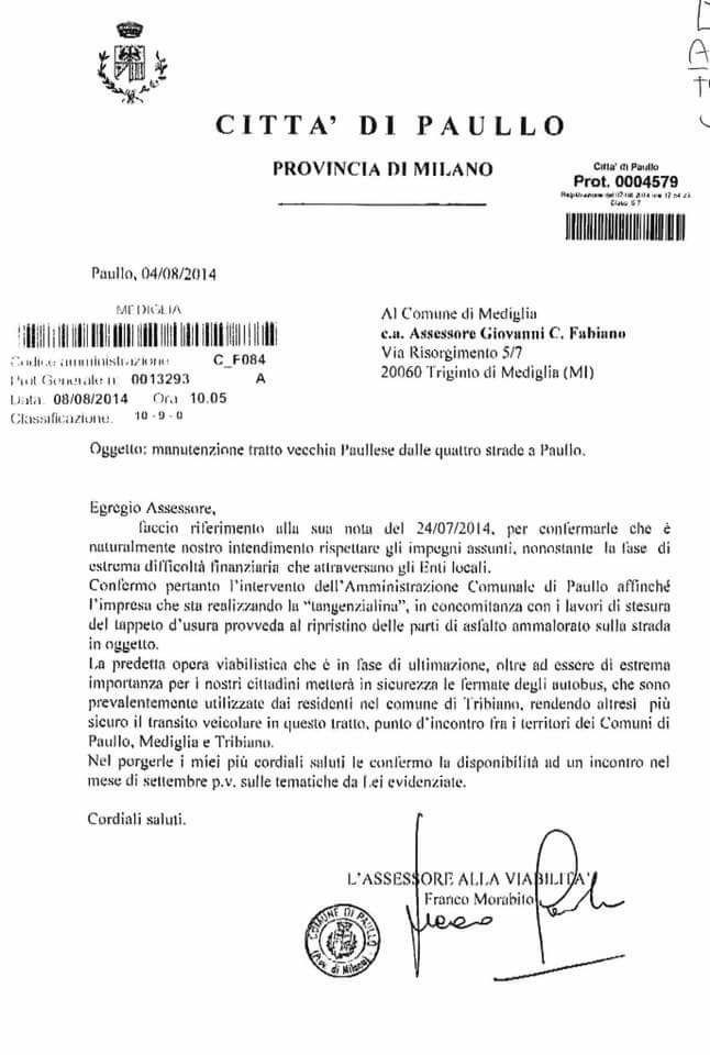 La lettera dell'Assesore di Paullo Morabito dove confermva l'imminente realizzazione dell'asfaltatura 