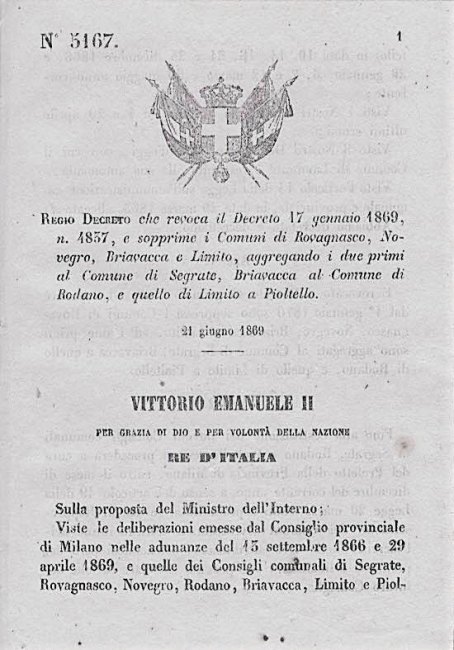 La prima pagina del Regio decreto del 21 giugno 1869 