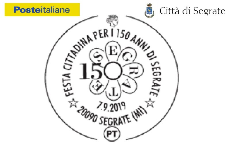 L'annullo predisposto per i 150 anni della Città di Segrate 