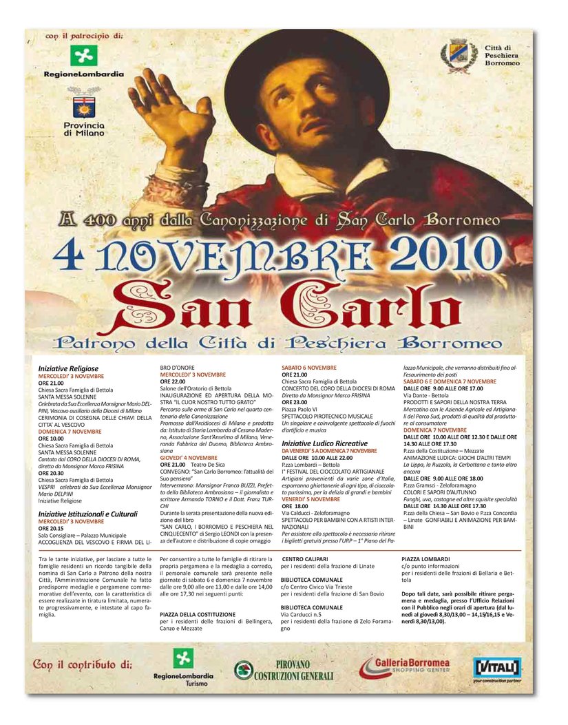 Il manifesto comunale della prima celebrazione di San Carlo Borromeo, il 4 novembre 2010 