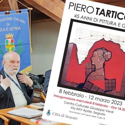 Piero Tarticchio e la locandina dell'esposizione al Centro Verdi 