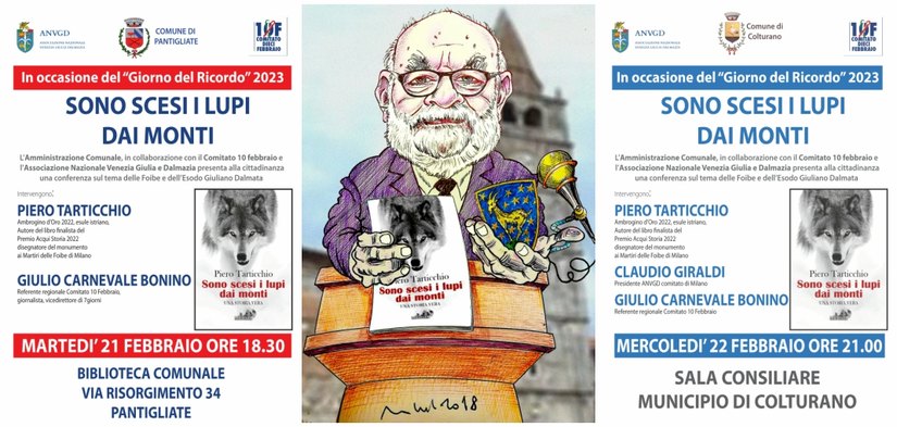 Le due locandine degli eventi e la caricatura di Piero Tarticchio realizzata da Riccardo Lensky 