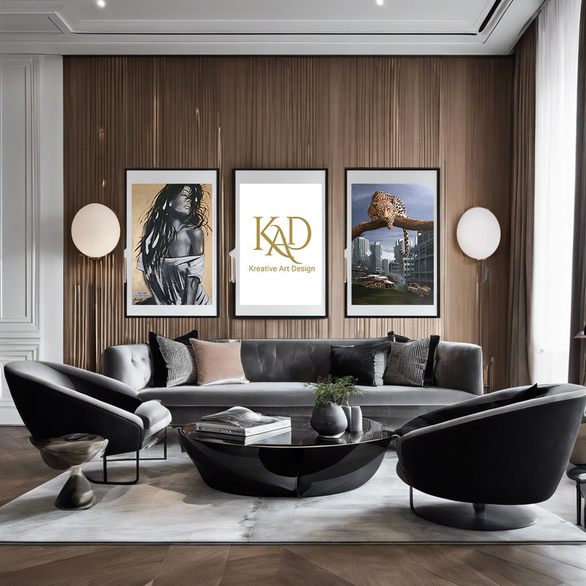 Un rendering di interni con le opere d'arte di Carla Bruschi e Carlo Pitterà, due dei tantissimi artisti della scuderia del KAD Kreative Art Design 