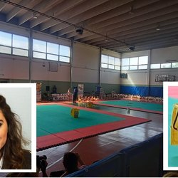 La palestra con i secchi per raccogliere l'acqua e nel riquadro a sinistra Stefania Accosa 