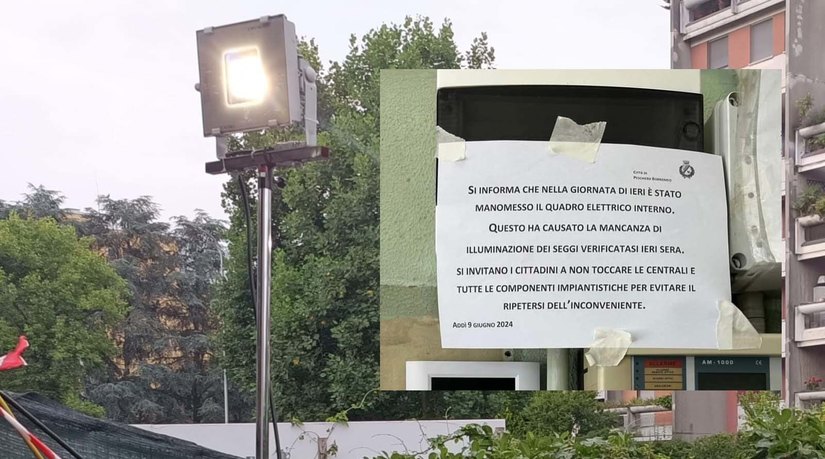 La luce di emergenza installata il 9 giugno, il cartello della presunta manomissione 