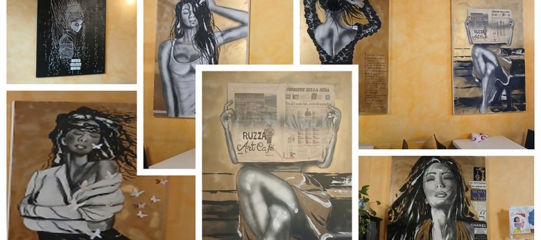 Le opere di Carla Bruschi esposte al bar Ruzza di via Due Giugno a Peschiera Borromeo 