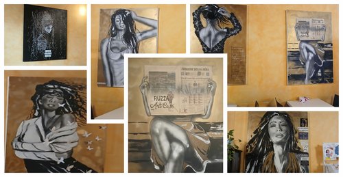 Le opere di Carla Bruschi esposte al bar Ruzza di via Due Giugno a Peschiera Borromeo 