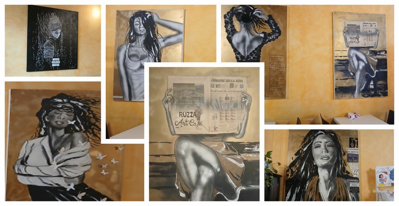 Le opere di Carla Bruschi esposte al bar Ruzza di via Due Giugno a Peschiera Borromeo 