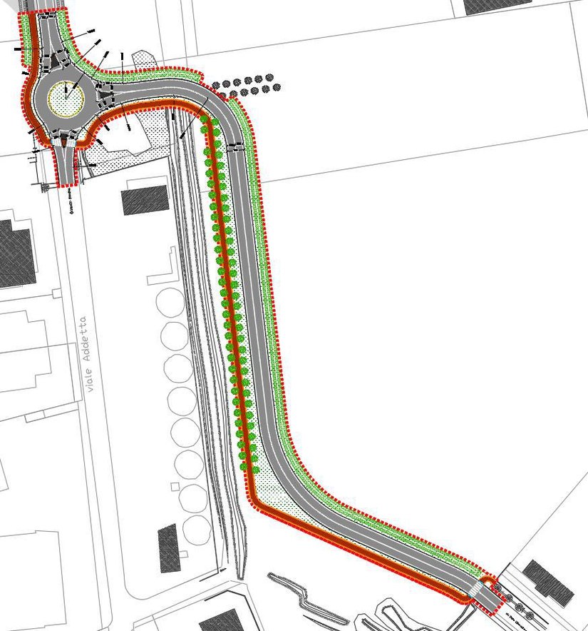 La nuova rotatoria comprensiva di un braccio di collegamento per la nuova strada in direzione di via della Liberazione 