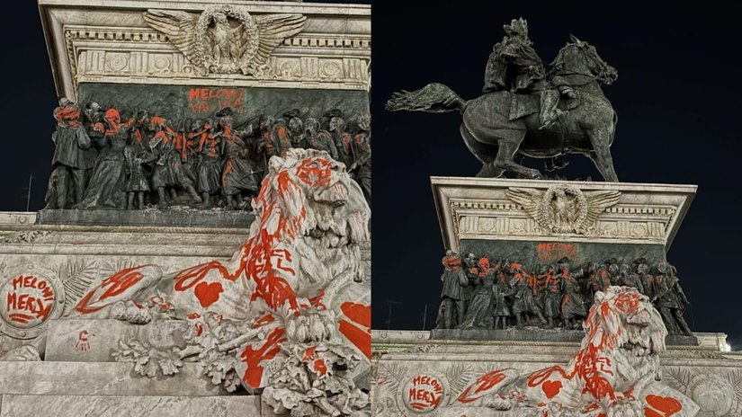 Statua di Vittorio Emanuele II imbrattata durante i cortei ProPal 