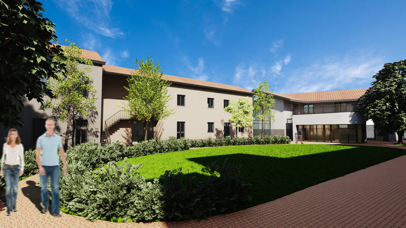Rendering della facciata di Autentica: un edificio tipico lombardo, accogliente, progettato per essere accessibile e inclusivo. La struttura ospiterà ambulatori, spazi per la vita autonoma e ambienti comunitari, diventando un punto di riferimento per le famiglie del territorio. 