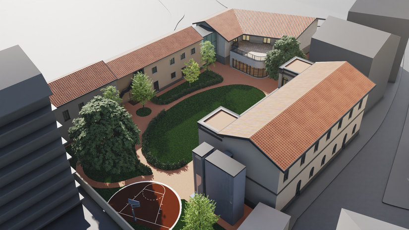 Rendering dall’alto del progetto Autentica, il nuovo centro polifunzionale dedicato a persone autistiche e neurodivergenti: la planimetria mostra spazi integrati e sostenibili pensati per accogliere servizi sanitari, aree educative, attività sportive e luoghi di incontro aperti alla comunità. 