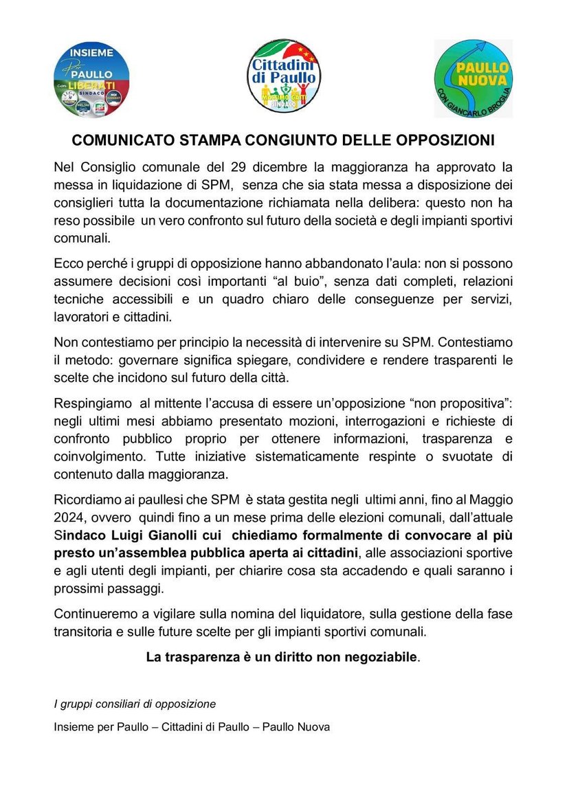Comunicato integrale 