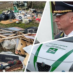 A sinistra i rifiuti abbandonati, a destra Danilo Cilano Comandante della Polizia Locale di Peschiera Borormeo 