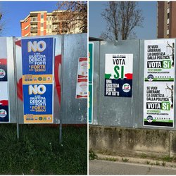 A ìinistra i cartelli coperti dallapropagnada del NO, a destra come dovrebbero essere 