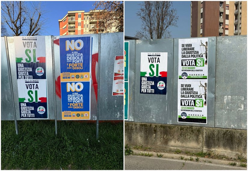 A ìinistra i cartelli coperti dallapropagnada del NO, a destra come dovrebbero essere 
