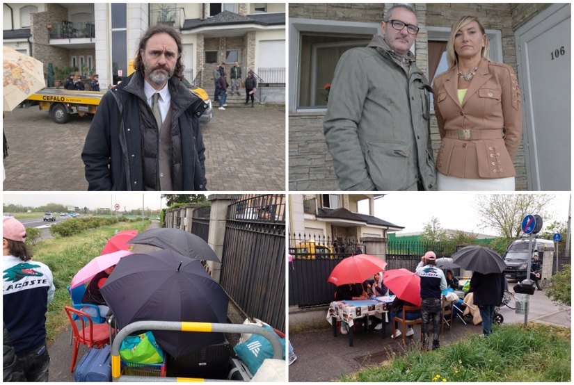 In alto a sinistra Giulio Guala sindaco di Colturano presente allo sgombero per garantire assistenza agli occupanti: Andrea Carugo uno dei soici di Rara Srl con il legale Laura Ferrari. Sotto gli occupanti che si sono accampati fuori dal complesso in attesa di assistenza. 