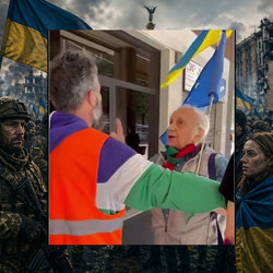 Il prof. Tino Ferrari a cui è stato vietato di partecipare alla manifestazione con la bandiera dell'Ucraina 