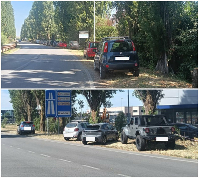 Le auto in sosta sulle banchine di via De Gasperi 