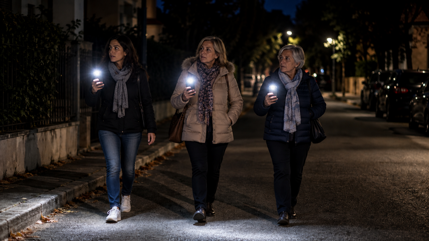 Tre donne camminano al buio illuminando la strada con gli smartphone 