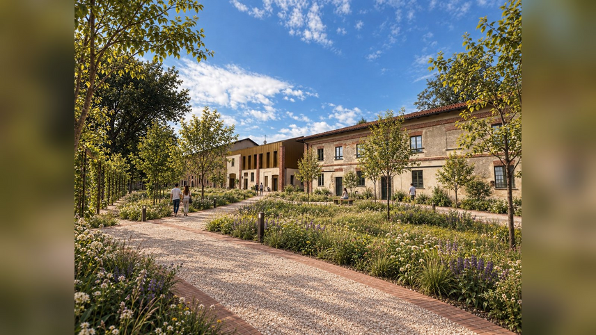 Il rendering della corte di Cascina Monluè dopo la riqualificazione 