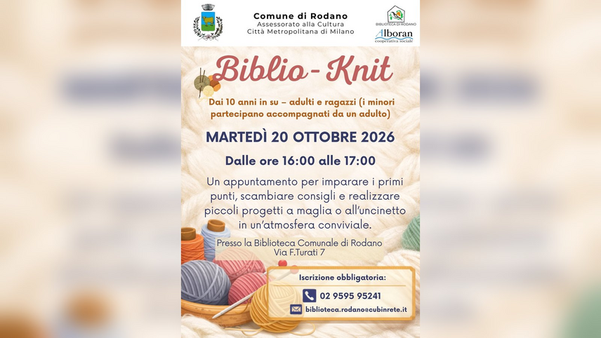 La locandina di Biblio-Knit alla biblioteca di Rodano 