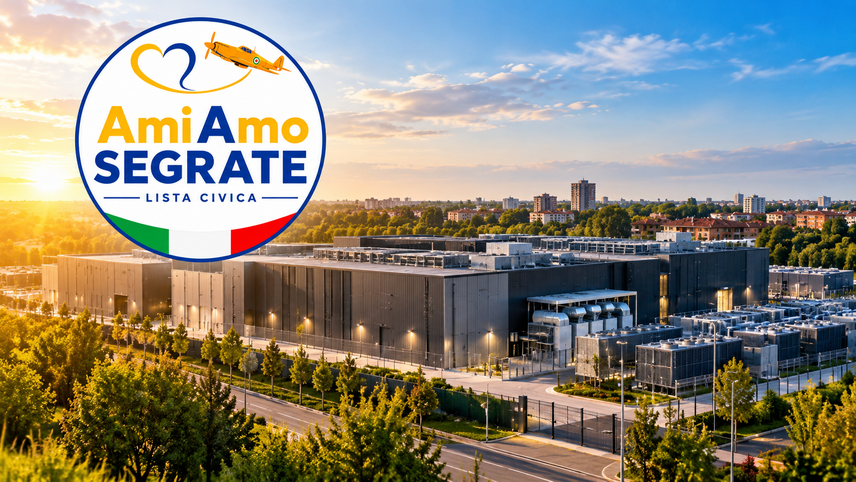Il logo di AmiAmo Segrate e un data center 