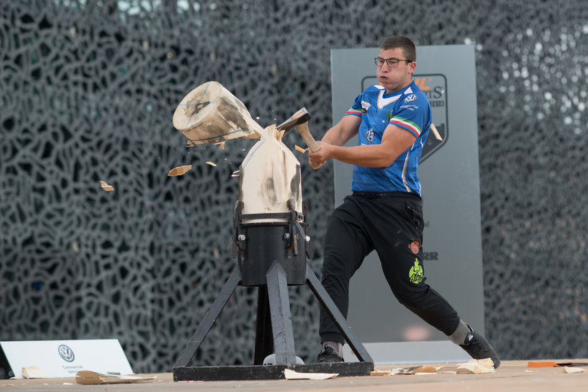 Michael Del Pin of Italy competes during the Rookie Stihl TIMBERSPORTS® Champions Trophy in Marseille, France on May 26, 2018. 