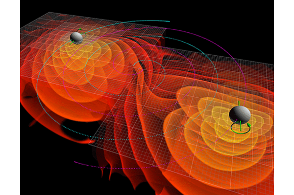 Simulazioni numeriche delle onde gravitazionali emesse dall'avvicinarsi e dalla fusione di due buchi neri. I contorni colorati intorno a ciascun buco nero rappresentano l'ampiezza della radiazione gravitazionale; le linee blu rappresentano le orbite del buco nero. Credits: C. Henze/ NASA Ames Research Center