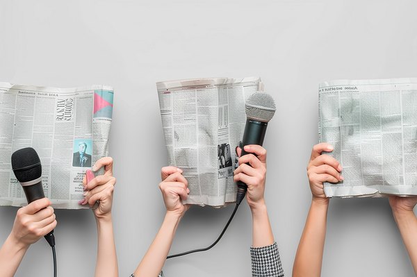 Female hands with newspapers and microphones on light background