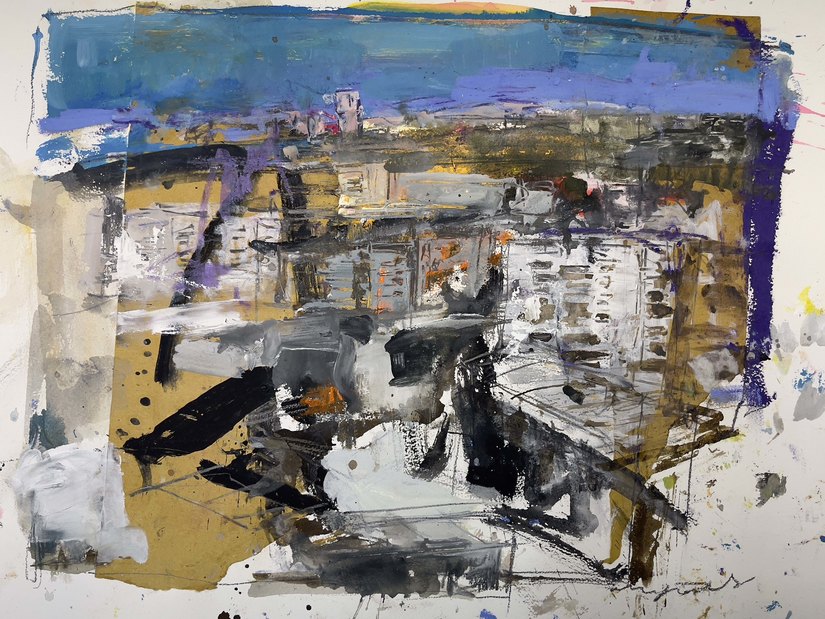 Marina Previtali, Velasca da lontano, MI, 2025, tecnica mista su carta, cm. 70x50 