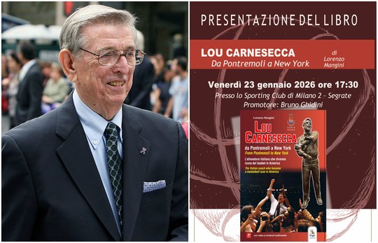 A sinistra Lou Carnesecca e adestra la locandina dell'evento 
