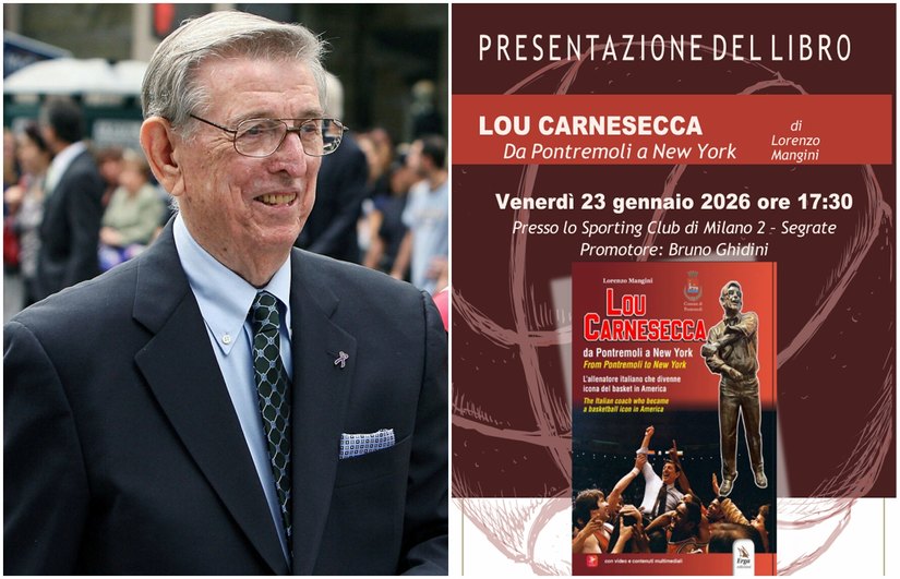 A sinistra Lou Carnesecca e adestra la locandina dell'evento 