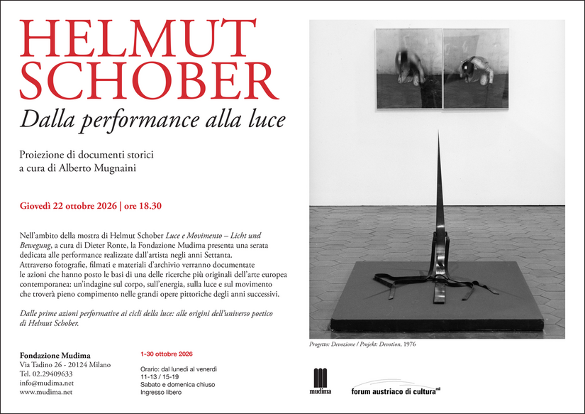 L'invito alla serata sulle performance di Helmut Schober alla Fondazione Mudima 