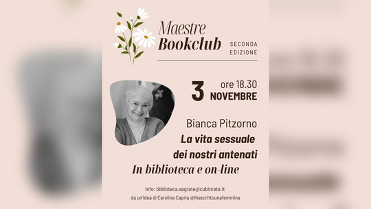 La locandina del Maestre Bookclub dedicato a Bianca Pitzorno 