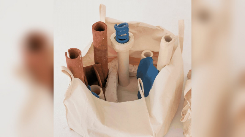 Un'opera di Ludovica Carbotta, frammenti in ceramica raccolti in sacchi 