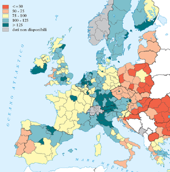 Distribuzione del PIL pro-capite rispetto alla media dei 28 Stati europei, indicata con il valore 100 