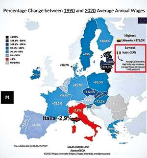 Fig. 1. Variazione
percentuale delle
retribuzioni annuali nel
trentennio 1990-2020
nei Paesi E.U. 
