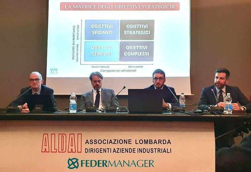 Da sinistra: Marco Bertolina Presidente Federmanager Academy, Giovanni Pagnacco Presidente ALDAI-Federmanager, Luca Brambilla Direttore dell’Accademia di Comunicazione Strategica, Flavio Paradiso Operations Director Italy di Epsotech 