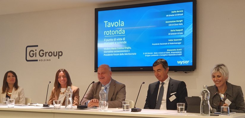 Da sinistra: Dalila Barone HR Director Minsait; Ilaria Pasquali HR Director EOLO; Valter Quercioli Presidente Federmanager; Gianmatteo Manghi CEO Cisco Italia; Alessandra Scotti HR Director IQVIA, Vicepresidente AIDP Lombardia e Consigliere Nazionale AIDP 