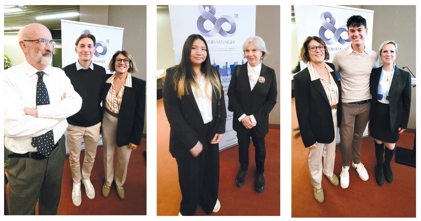 Da sinistra:
<br><b>Alessandro Sciavilla</b> premiato da Raffaele Bonaiuti e fda Roberta Lovotti per ALDAI
<br><b>Happe Aquino </b>premiata da Patrizia Galeazzo per la Fondazione
<br><b>Filippo Protti</b>, premiato da Roberta Lovotti per ALDAI e da Emanuela Gatteschi per Forever Edison 