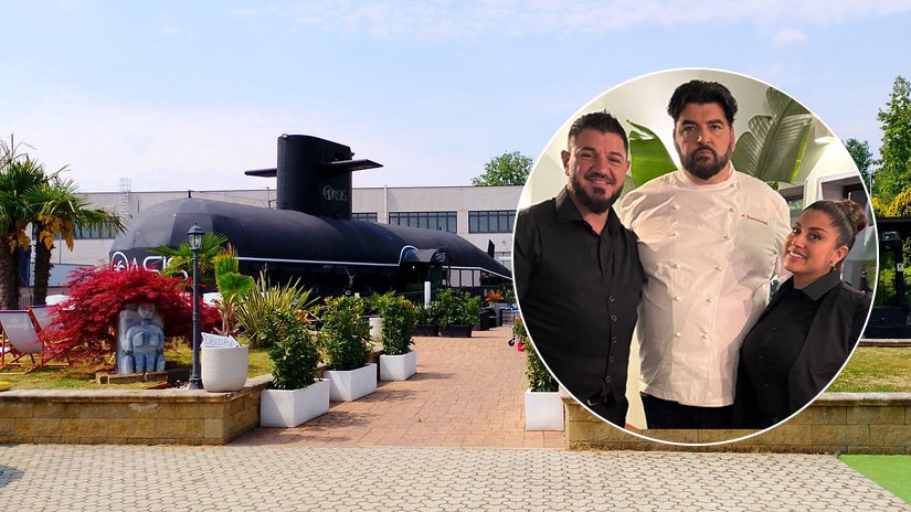 Il ristorante nel sommergibile, nel cerchio Ismaele e Julissa Fontana con lo chef Antonino Cannavacciuolo 